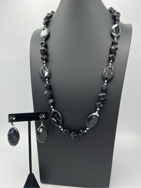Signed Miriam Haskell Black‑White Glass Necklace & Earrings Set, Mint Condition